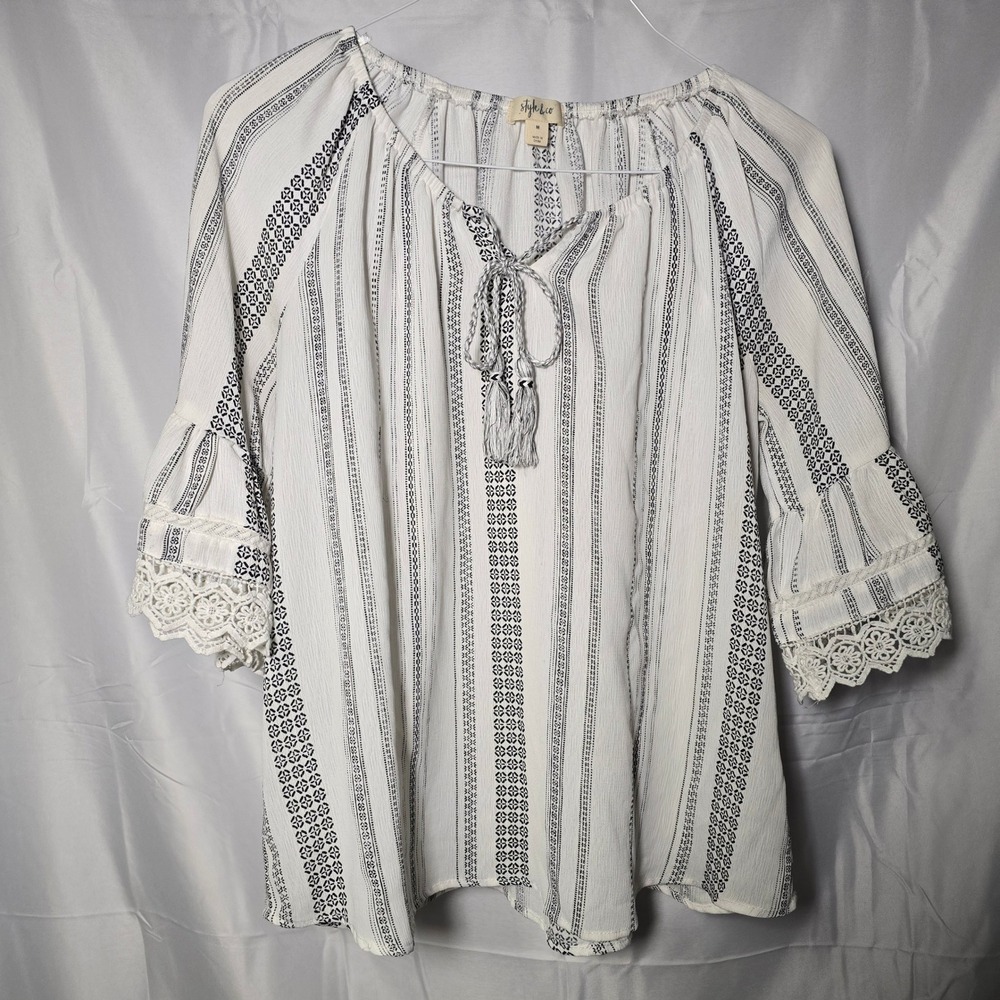 Style & Co Womens Medium White Black Stripe Boho Tassel Lace Bell Sleeve Blouse